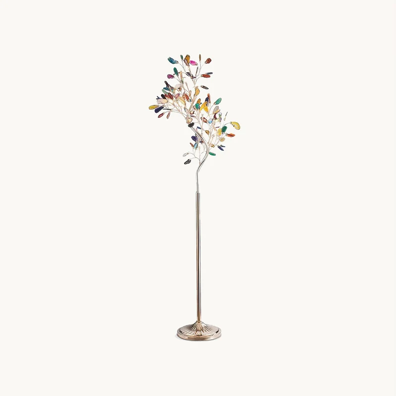 Agaat Vloerlamp – 8-Lampen Boomvorm Natuursteen Sculptuur 175 cm Koperen Finish Stained-Glass Effect Amber Blauw Groen Roze Paars Multicolor Statement Piece | Sansoti