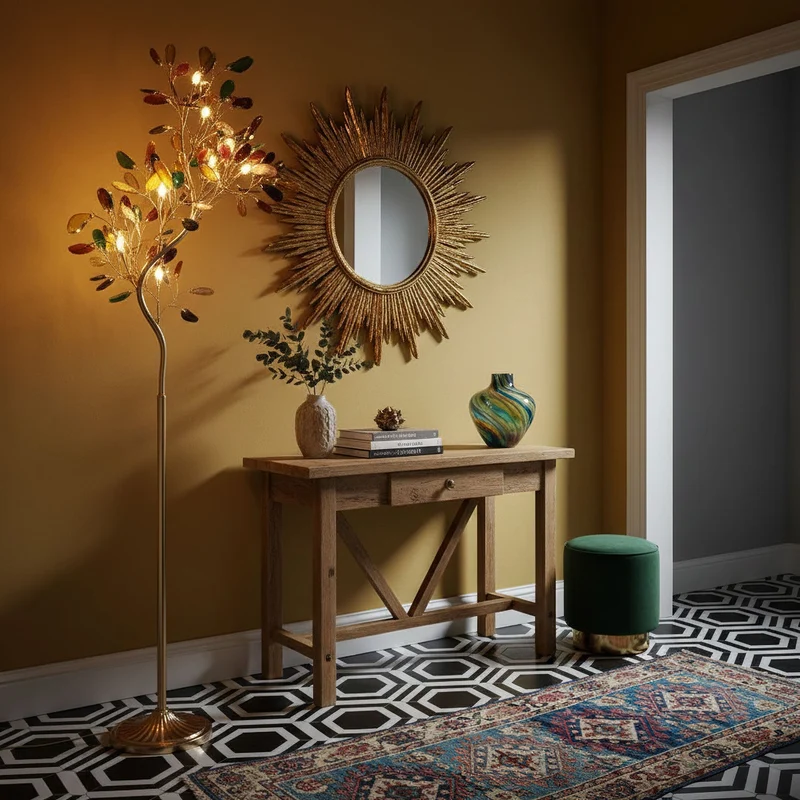 Agaat Vloerlamp – 8-Lampen Boomvorm Natuursteen Sculptuur 175 cm Koperen Finish Stained-Glass Effect Amber Blauw Groen Roze Paars Multicolor Statement Piece | Sansoti