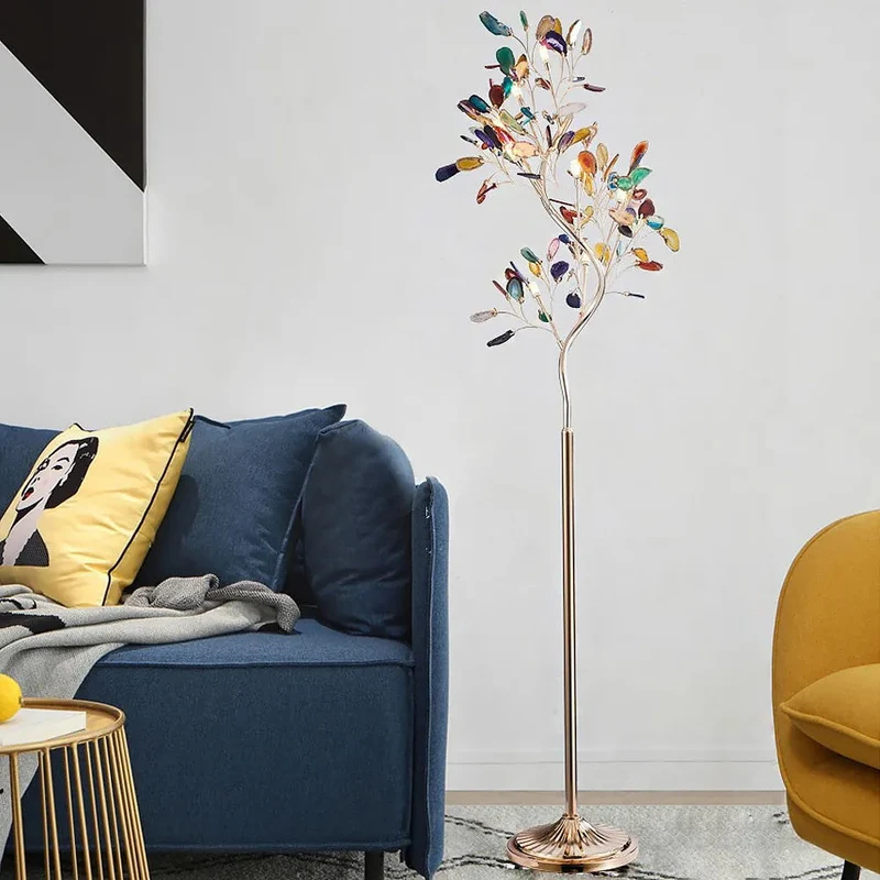 Agaat Vloerlamp – 8-Lampen Boomvorm Natuursteen Sculptuur 175 cm Koperen Finish Stained-Glass Effect Amber Blauw Groen Roze Paars Multicolor Statement Piece | Sansoti