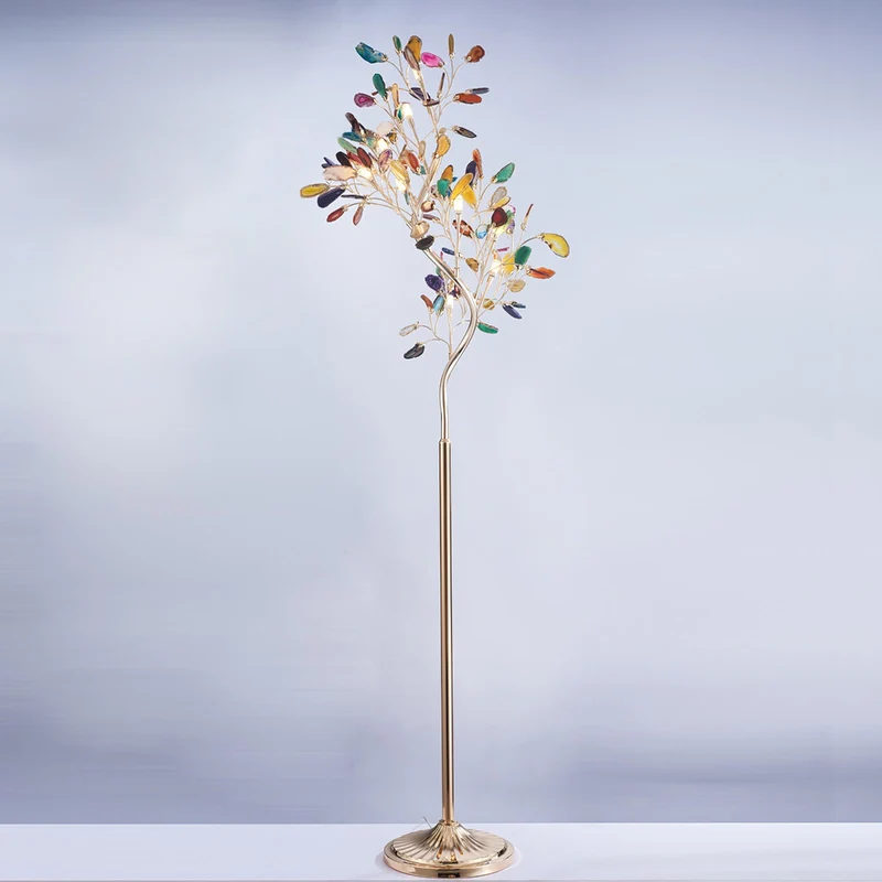 Agaat Vloerlamp – 8-Lampen Boomvorm Natuursteen Sculptuur 175 cm Koperen Finish Stained-Glass Effect Amber Blauw Groen Roze Paars Multicolor Statement Piece | Sansoti