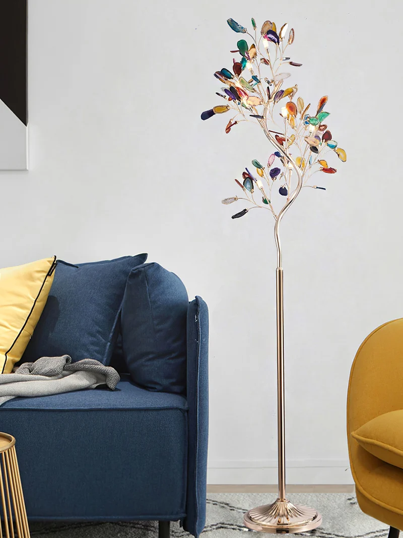 Agaat Vloerlamp – 8-Lampen Boomvorm Natuursteen Sculptuur 175 cm Koperen Finish Stained-Glass Effect Amber Blauw Groen Roze Paars Multicolor Statement Piece | Sansoti