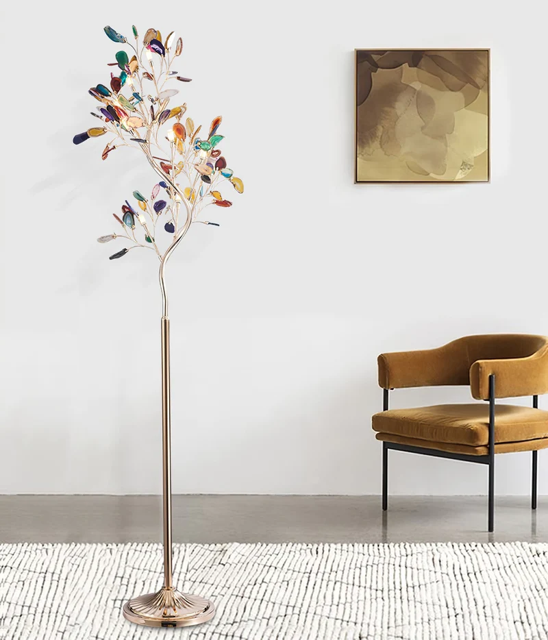 Agaat Vloerlamp – 8-Lampen Boomvorm Natuursteen Sculptuur 175 cm Koperen Finish Stained-Glass Effect Amber Blauw Groen Roze Paars Multicolor Statement Piece | Sansoti