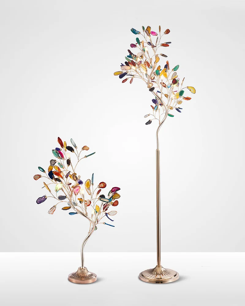 Agaat Vloerlamp – 8-Lampen Boomvorm Natuursteen Sculptuur 175 cm Koperen Finish Stained-Glass Effect Amber Blauw Groen Roze Paars Multicolor Statement Piece | Sansoti