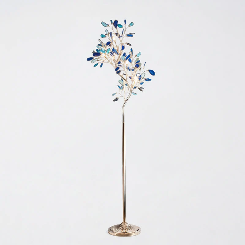 Agaat Vloerlamp – 8-Lampen Boomvorm Natuursteen Sculptuur 175 cm Koperen Finish Stained-Glass Effect Amber Blauw Groen Roze Paars Multicolor Statement Piece | Sansoti