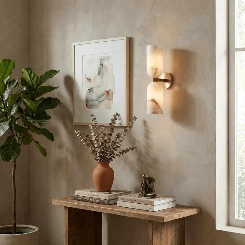Alabasten Wandlamp met Messing — Dubbele Lichtschijven en Centrale Metalen Ster | Sansoti