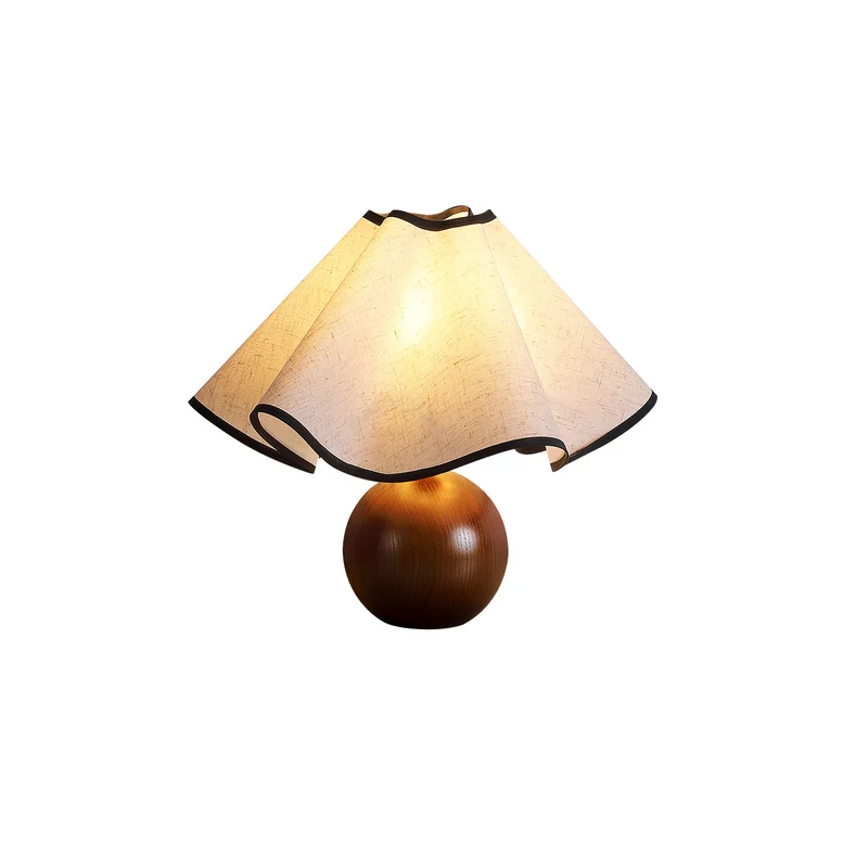 Wavecrest Tafellamp Golvende Stoffen Kap met Houten Voet ∅15″ E26/E27 Linnenkap Beige Walnoot Zwart Inline Schakelaar 59″ Snoer Organisch Golvenontwerp Sansoti