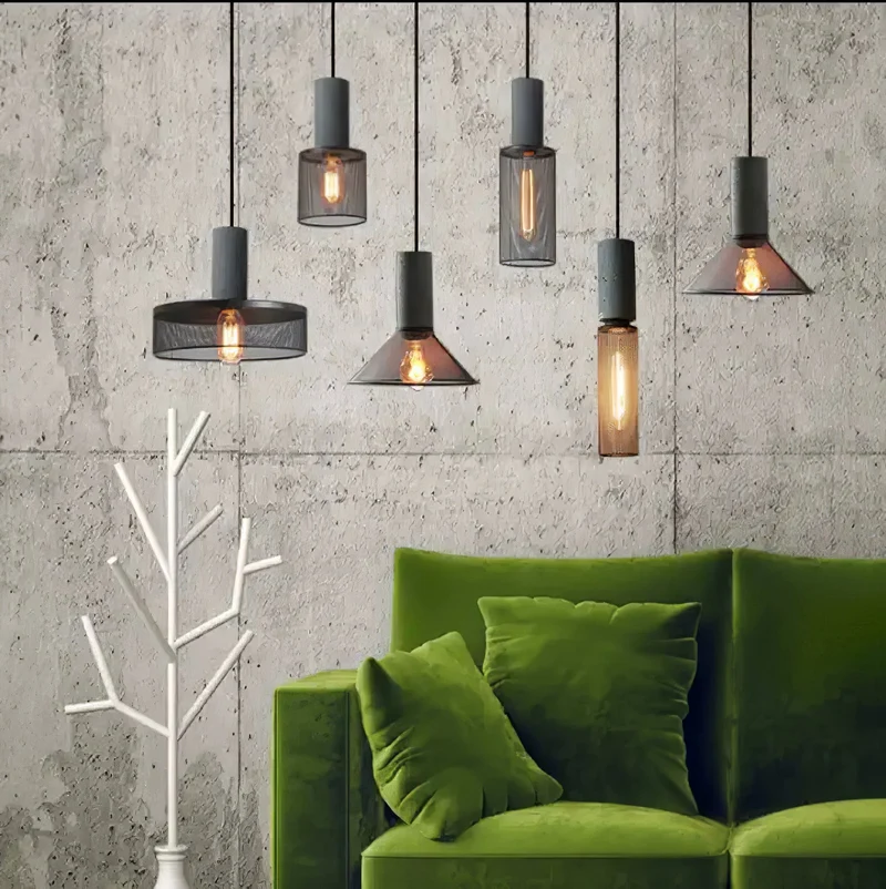 Industriële Hanglamp met Cement & Zwart Mesh — 6 Vormen | Sansoti