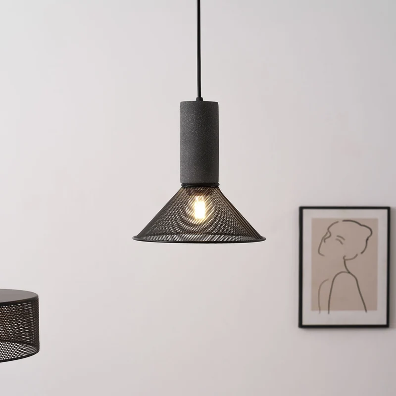 Industriële Hanglamp met Cement & Zwart Mesh — 6 Vormen | Sansoti
