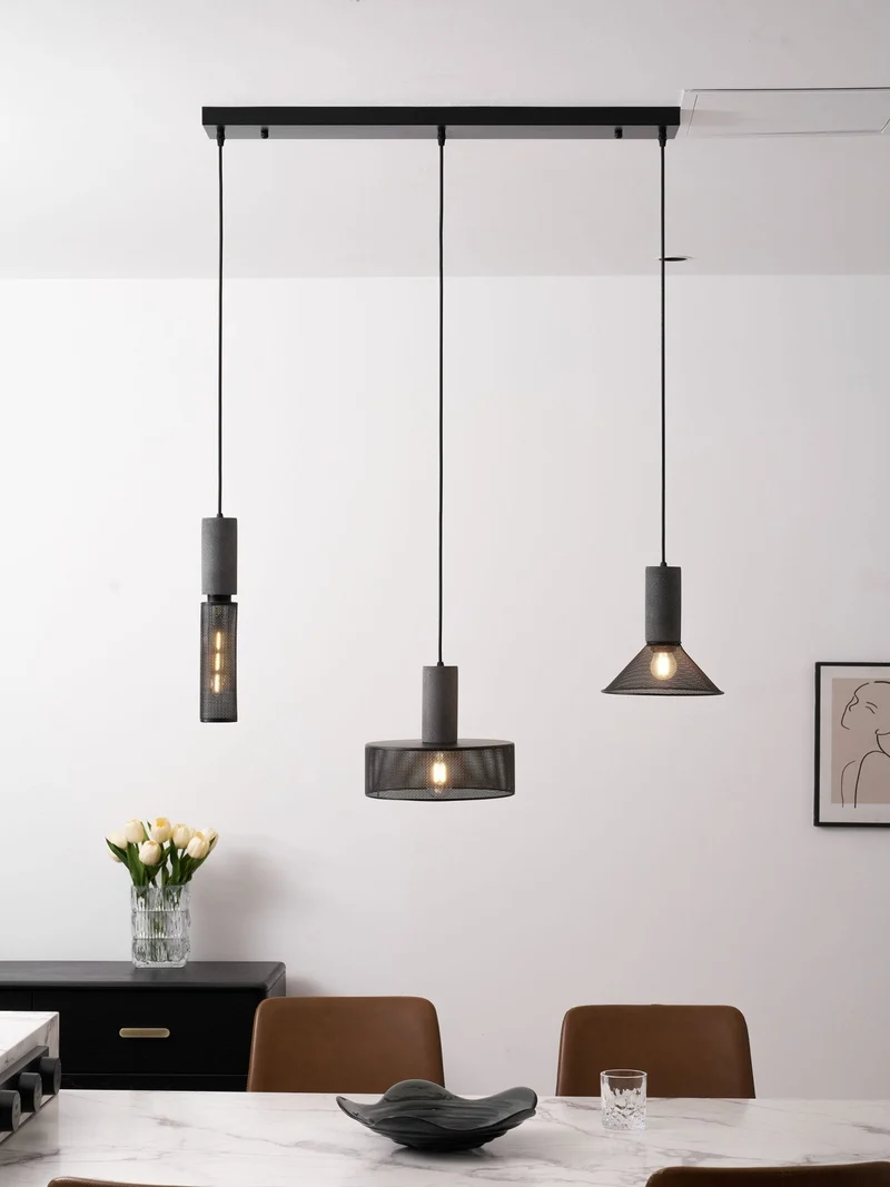 Industriële Hanglamp met Cement & Zwart Mesh — 6 Vormen | Sansoti