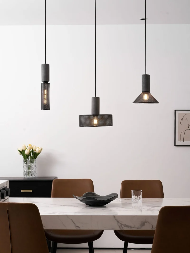 Industriële Hanglamp met Cement & Zwart Mesh — 6 Vormen | Sansoti