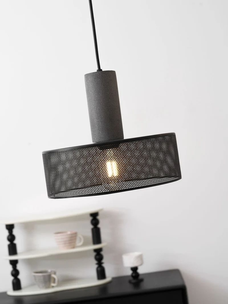Industriële Hanglamp met Cement & Zwart Mesh — 6 Vormen | Sansoti