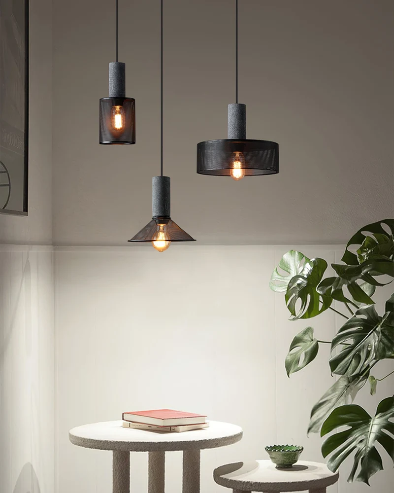 Industriële Hanglamp met Cement & Zwart Mesh — 6 Vormen | Sansoti