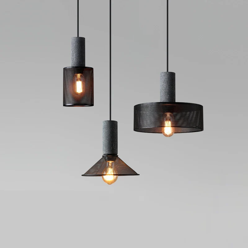 Industriële Hanglamp met Cement & Zwart Mesh — 6 Vormen | Sansoti