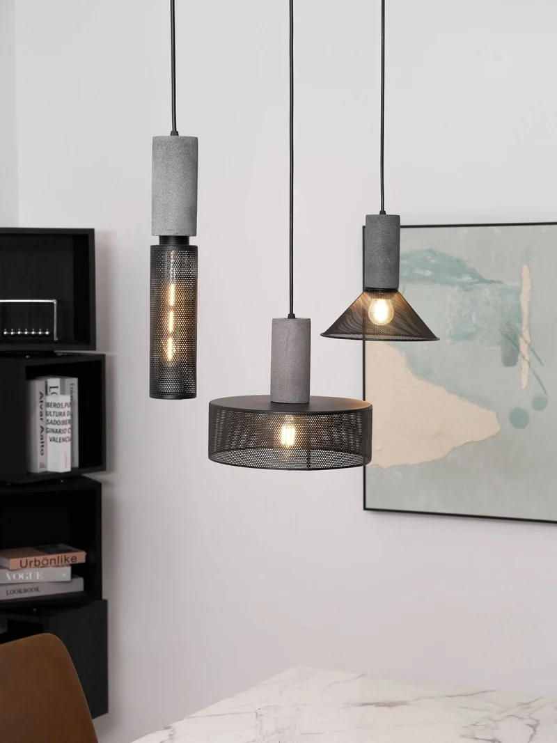 Industriële Hanglamp met Cement & Zwart Mesh — 6 Vormen | Sansoti