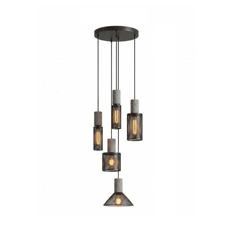 Industriële Hanglamp met Cement & Zwart Mesh — 6 Vormen | Sansoti