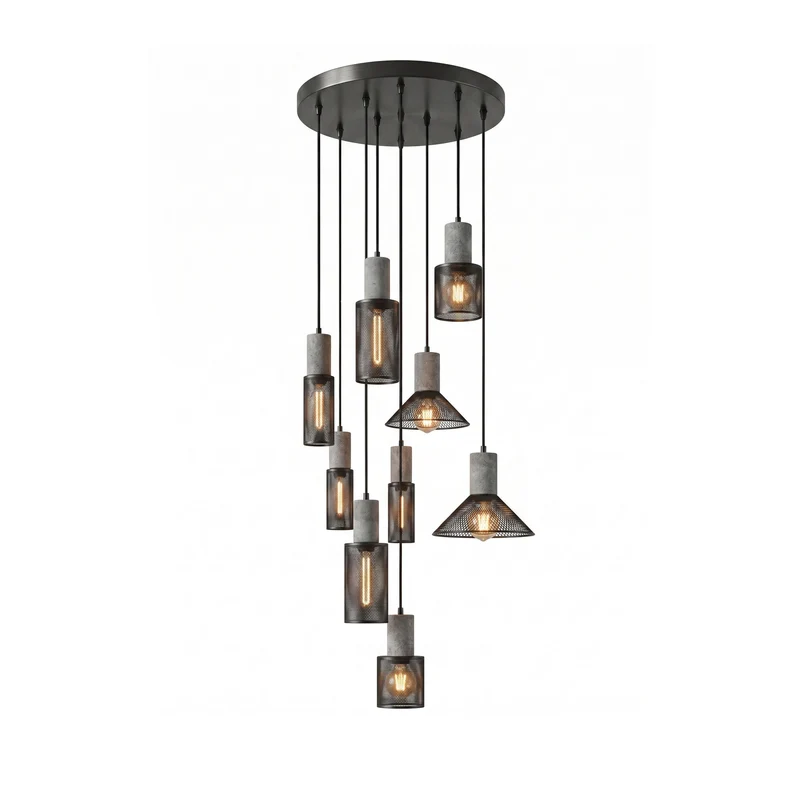 Industriële Hanglamp met Cement & Zwart Mesh — 6 Vormen | Sansoti
