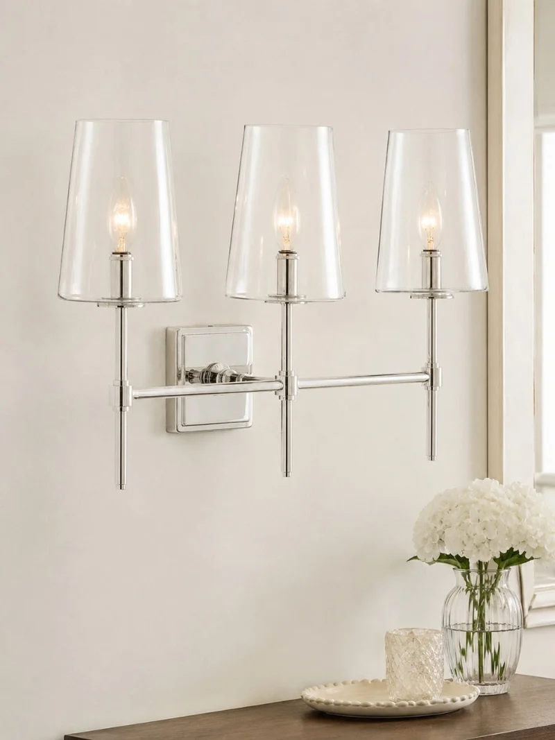 Glazen Wandlamp met Helder Glas – Enkelvoudige tot Drievoudige Configuratie – Elegante Badkamerverlichting | Sansoti