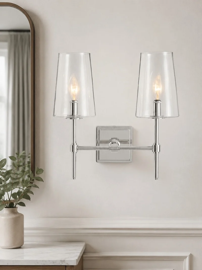 Glazen Wandlamp met Helder Glas – Enkelvoudige tot Drievoudige Configuratie – Elegante Badkamerverlichting | Sansoti