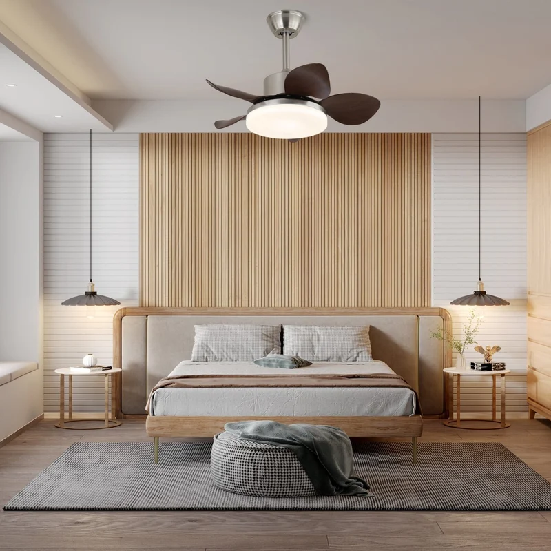 Houten Plafondventilator Kaelen met Verlichting ø71cm | LED Ventilatorlamp Kantelbare Bladen Afstandsbediening 6 Standen | Modern Scandinavisch Ontwerp Nikkel Walnoothout Acryl | Sansoti