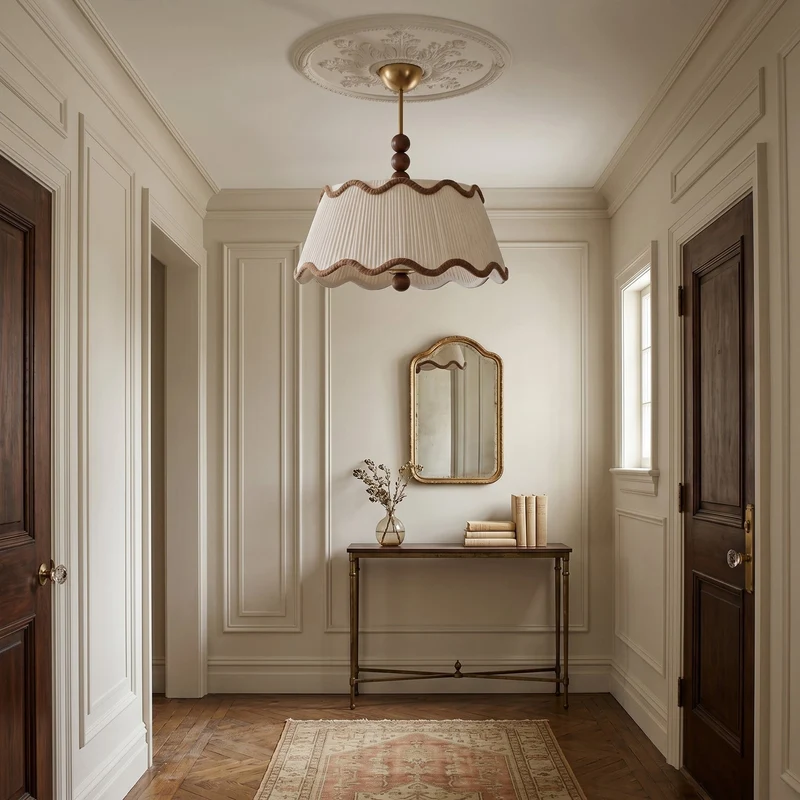 Plafondlamp met Geplooide Kap en Houten Kralen – Vintage Cottage Stijl voor Warm Sfeervol Licht | Sansoti