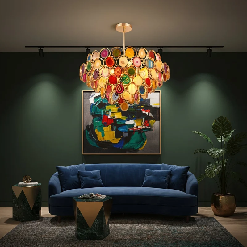 Agaat Kroonluchter – Natuursteen Hanglamp met Goudkleurige Montage – Echt Braziliaans Agaat Verlicht | Sansoti