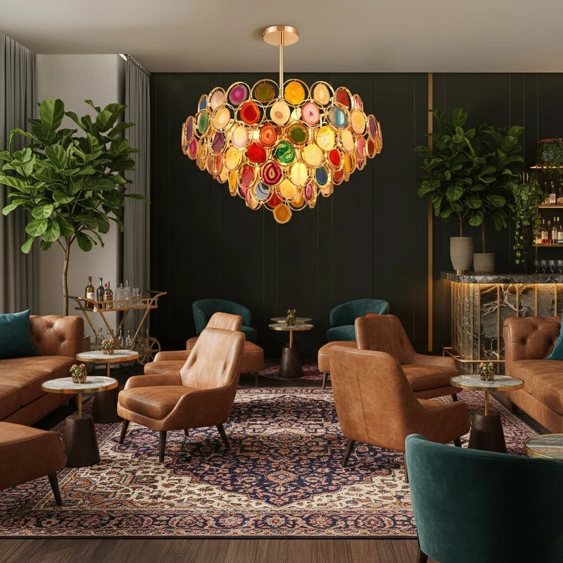 Agaat Kroonluchter – Natuursteen Hanglamp met Goudkleurige Montage – Echt Braziliaans Agaat Verlicht | Sansoti
