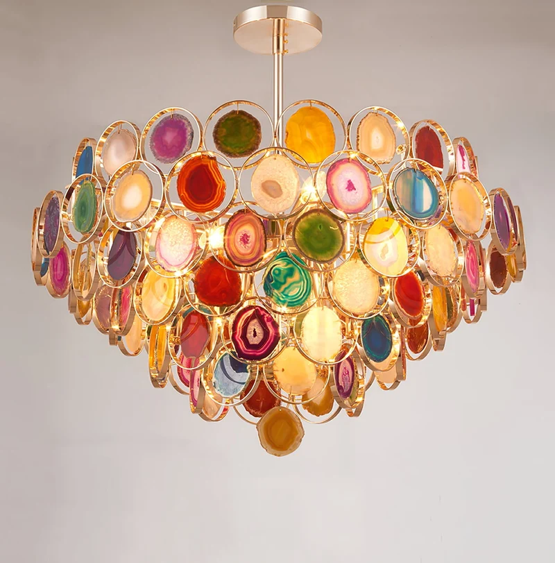 Agaat Kroonluchter – Natuursteen Hanglamp met Goudkleurige Montage – Echt Braziliaans Agaat Verlicht | Sansoti