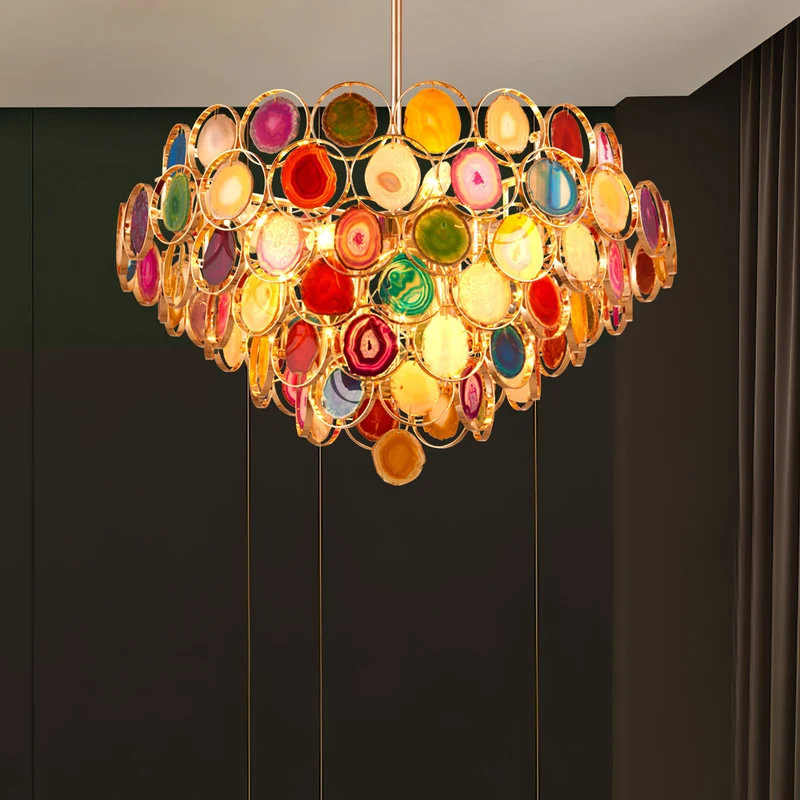 Agaat Kroonluchter – Natuursteen Hanglamp met Goudkleurige Montage – Echt Braziliaans Agaat Verlicht | Sansoti