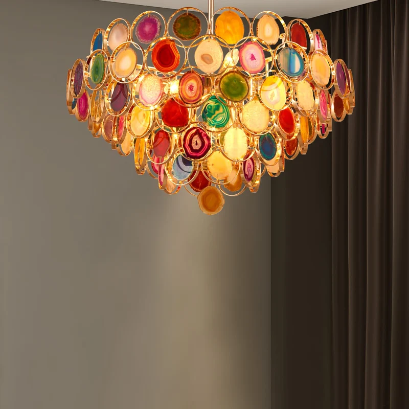 Agaat Kroonluchter – Natuursteen Hanglamp met Goudkleurige Montage – Echt Braziliaans Agaat Verlicht | Sansoti