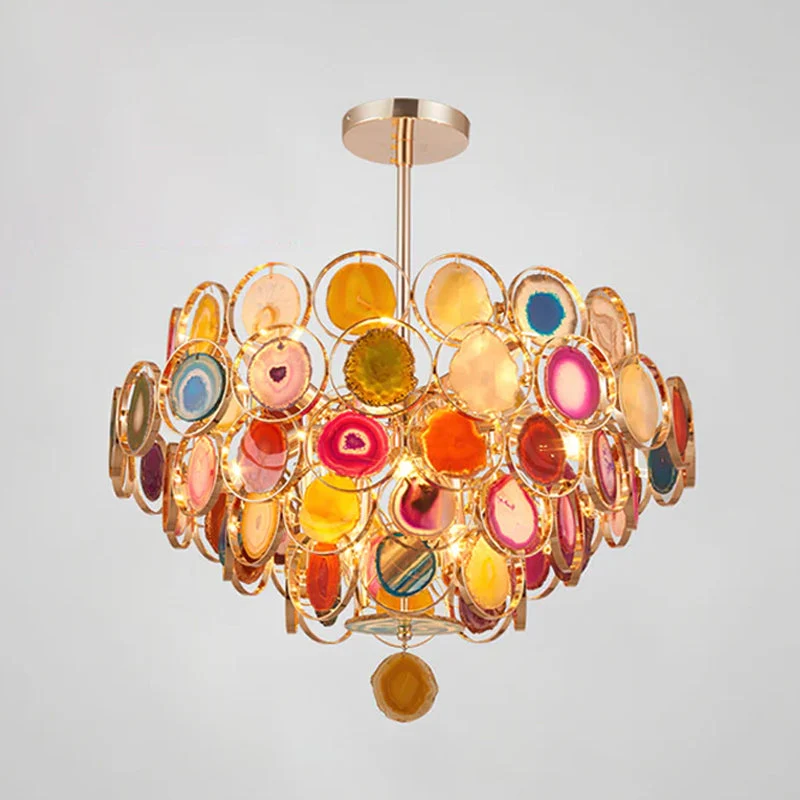 Agaat Kroonluchter – Natuursteen Hanglamp met Goudkleurige Montage – Echt Braziliaans Agaat Verlicht | Sansoti
