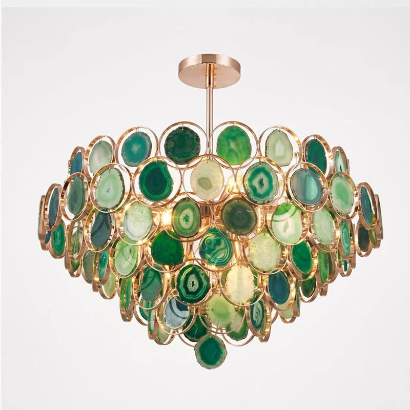 Agaat Kroonluchter – Natuursteen Hanglamp met Goudkleurige Montage – Echt Braziliaans Agaat Verlicht | Sansoti