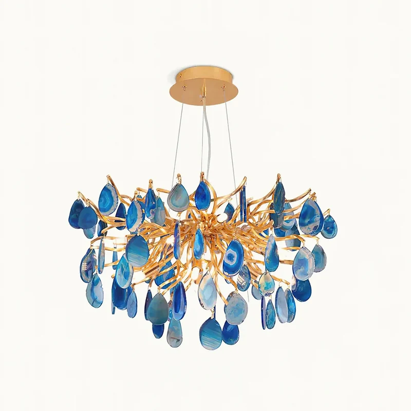 Natuursteen Agaat Kroonluchter met Vergulde Metalen Behuizing - Handgeslepen Schijven Warm Goudkleurige Afwerking 8 of 9 Lichtpunten Luxe Plafondverlichting Exclusief Statement-Piece | Sansoti