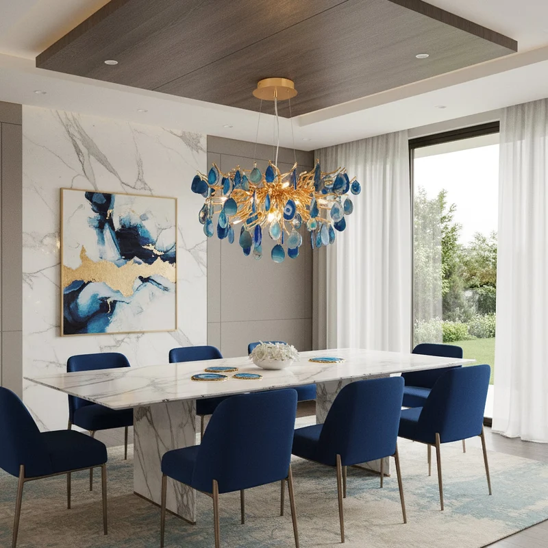 Natuursteen Agaat Kroonluchter met Vergulde Metalen Behuizing - Handgeslepen Schijven Warm Goudkleurige Afwerking 8 of 9 Lichtpunten Luxe Plafondverlichting Exclusief Statement-Piece | Sansoti