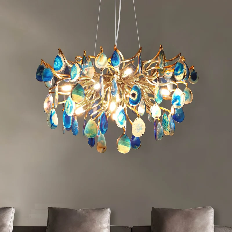 Natuursteen Agaat Kroonluchter met Vergulde Metalen Behuizing - Handgeslepen Schijven Warm Goudkleurige Afwerking 8 of 9 Lichtpunten Luxe Plafondverlichting Exclusief Statement-Piece | Sansoti