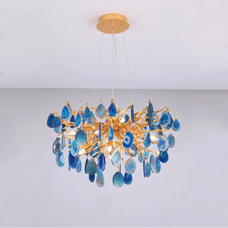 Natuursteen Agaat Kroonluchter met Vergulde Metalen Behuizing - Handgeslepen Schijven Warm Goudkleurige Afwerking 8 of 9 Lichtpunten Luxe Plafondverlichting Exclusief Statement-Piece | Sansoti
