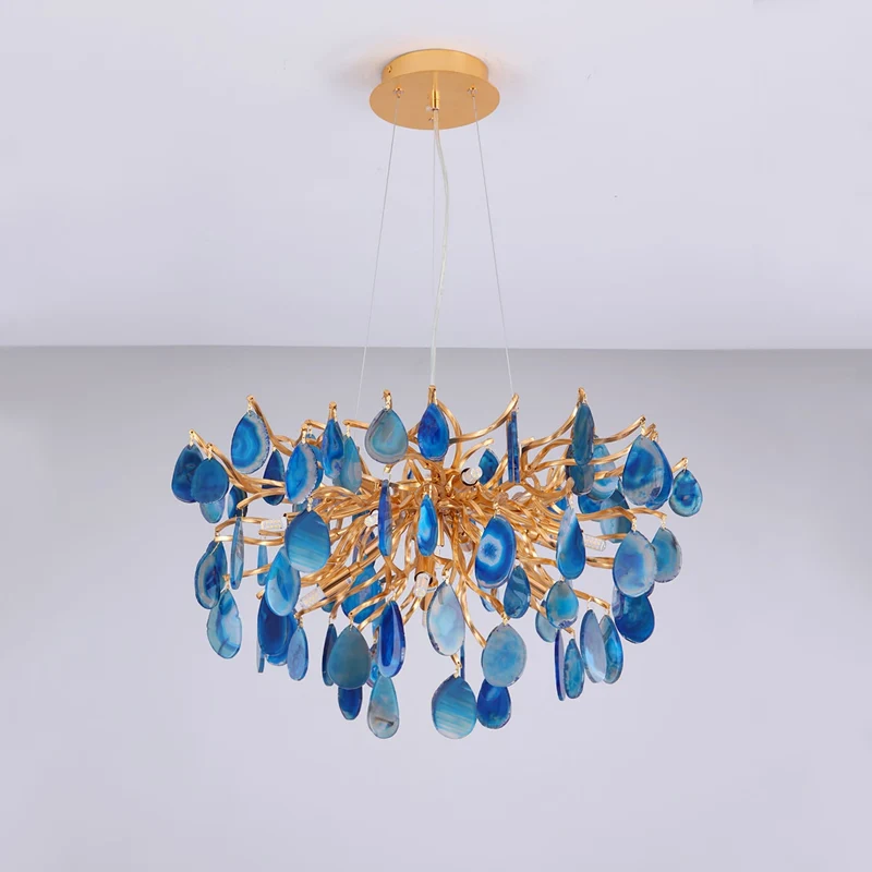 Natuursteen Agaat Kroonluchter met Vergulde Metalen Behuizing - Handgeslepen Schijven Warm Goudkleurige Afwerking 8 of 9 Lichtpunten Luxe Plafondverlichting Exclusief Statement-Piece | Sansoti