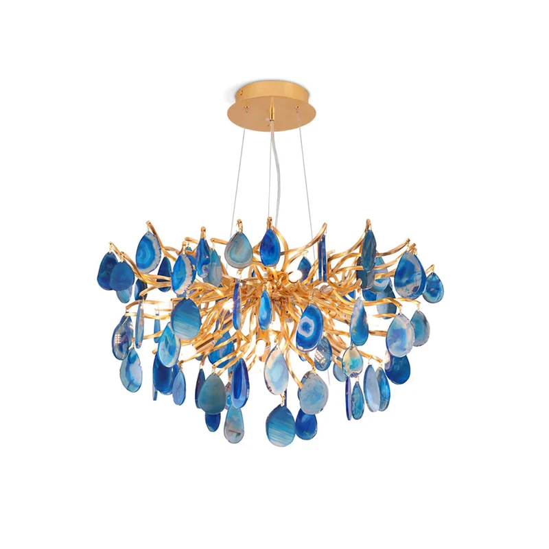 Natuursteen Agaat Kroonluchter met Vergulde Metalen Behuizing - Handgeslepen Schijven Warm Goudkleurige Afwerking 8 of 9 Lichtpunten Luxe Plafondverlichting Exclusief Statement-Piece | Sansoti