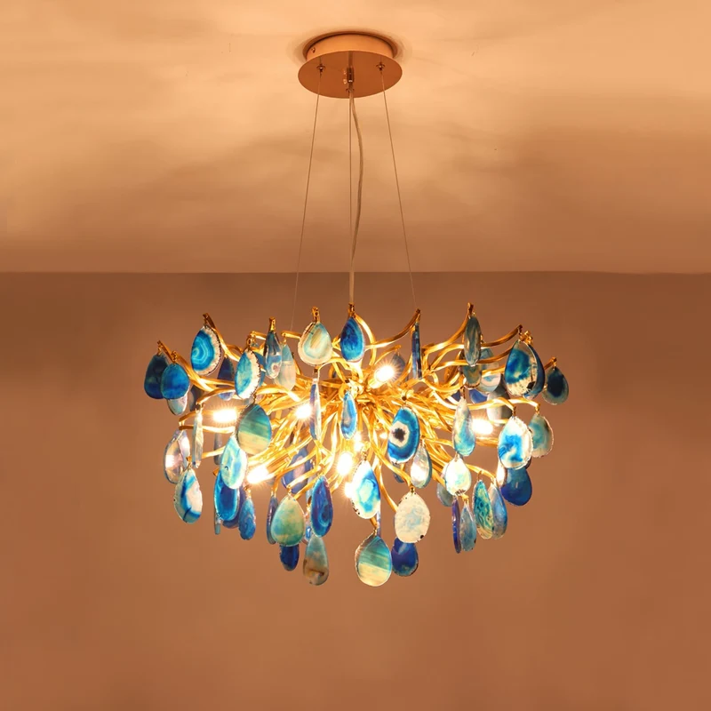 Natuursteen Agaat Kroonluchter met Vergulde Metalen Behuizing - Handgeslepen Schijven Warm Goudkleurige Afwerking 8 of 9 Lichtpunten Luxe Plafondverlichting Exclusief Statement-Piece | Sansoti