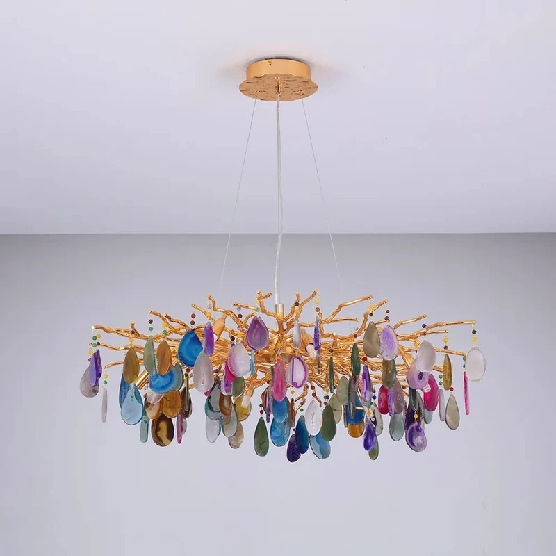 Natuursteen Agaat Kroonluchter met Vergulde Metalen Behuizing - Handgeslepen Schijven Warm Goudkleurige Afwerking 8 of 9 Lichtpunten Luxe Plafondverlichting Exclusief Statement-Piece | Sansoti