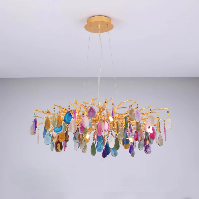 Natuursteen Agaat Kroonluchter met Vergulde Metalen Behuizing - Handgeslepen Schijven Warm Goudkleurige Afwerking 8 of 9 Lichtpunten Luxe Plafondverlichting Exclusief Statement-Piece | Sansoti