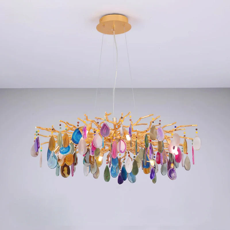 Natuursteen Agaat Kroonluchter met Vergulde Metalen Behuizing - Handgeslepen Schijven Warm Goudkleurige Afwerking 8 of 9 Lichtpunten Luxe Plafondverlichting Exclusief Statement-Piece | Sansoti