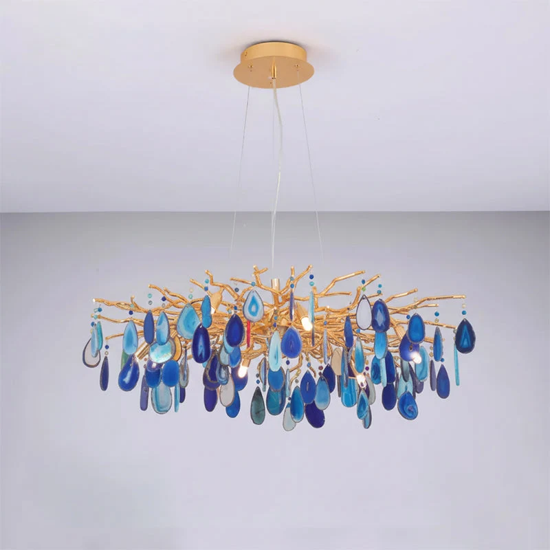 Natuursteen Agaat Kroonluchter met Vergulde Metalen Behuizing - Handgeslepen Schijven Warm Goudkleurige Afwerking 8 of 9 Lichtpunten Luxe Plafondverlichting Exclusief Statement-Piece | Sansoti