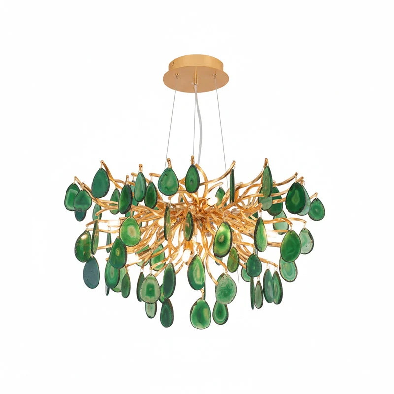 Natuursteen Agaat Kroonluchter met Vergulde Metalen Behuizing - Handgeslepen Schijven Warm Goudkleurige Afwerking 8 of 9 Lichtpunten Luxe Plafondverlichting Exclusief Statement-Piece | Sansoti