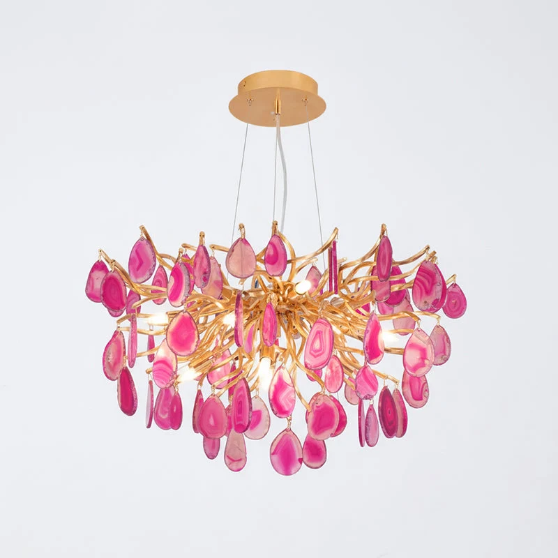 Natuursteen Agaat Kroonluchter met Vergulde Metalen Behuizing - Handgeslepen Schijven Warm Goudkleurige Afwerking 8 of 9 Lichtpunten Luxe Plafondverlichting Exclusief Statement-Piece | Sansoti