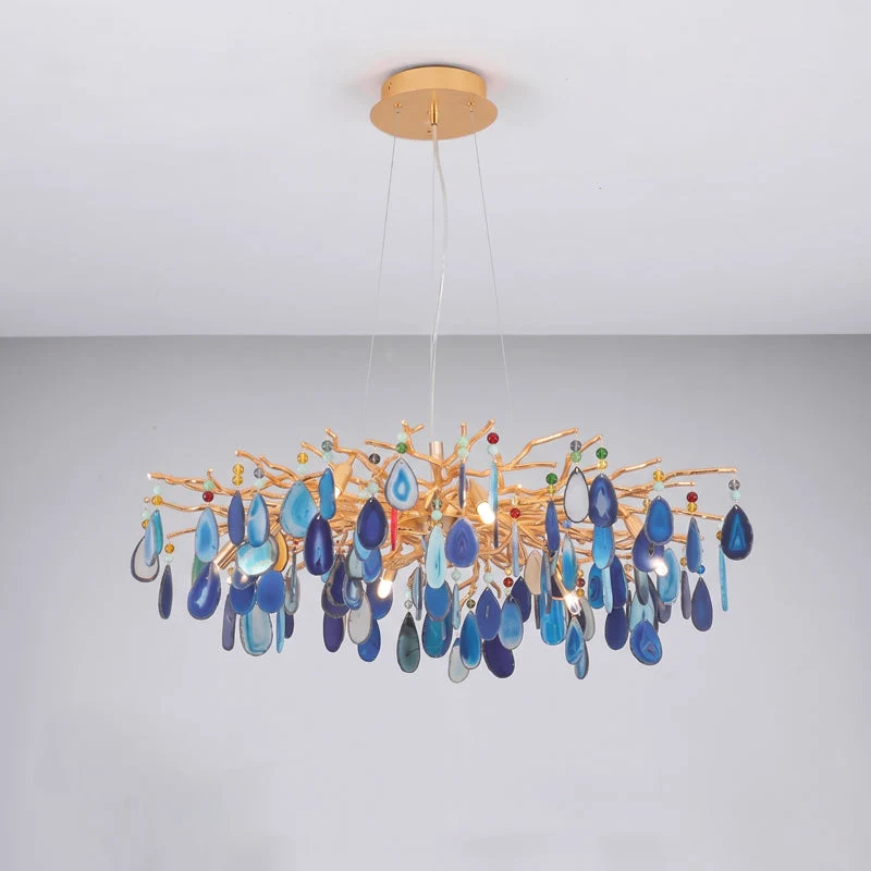 Natuursteen Agaat Kroonluchter met Vergulde Metalen Behuizing - Handgeslepen Schijven Warm Goudkleurige Afwerking 8 of 9 Lichtpunten Luxe Plafondverlichting Exclusief Statement-Piece | Sansoti