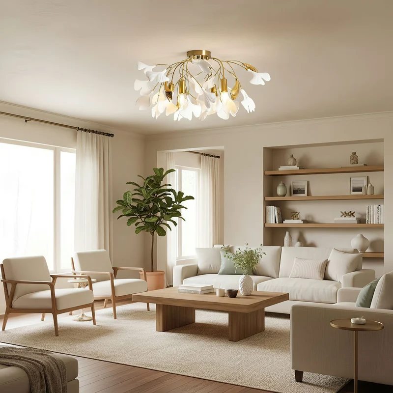Keramische Hanglamp Ginkgo-Blad – Goudkleurige Armatuur met Witte Bladeren – Modern Natuurgeïnspireerd Design voor Woonkamer Eetkamer Slaapkamer | Sansoti