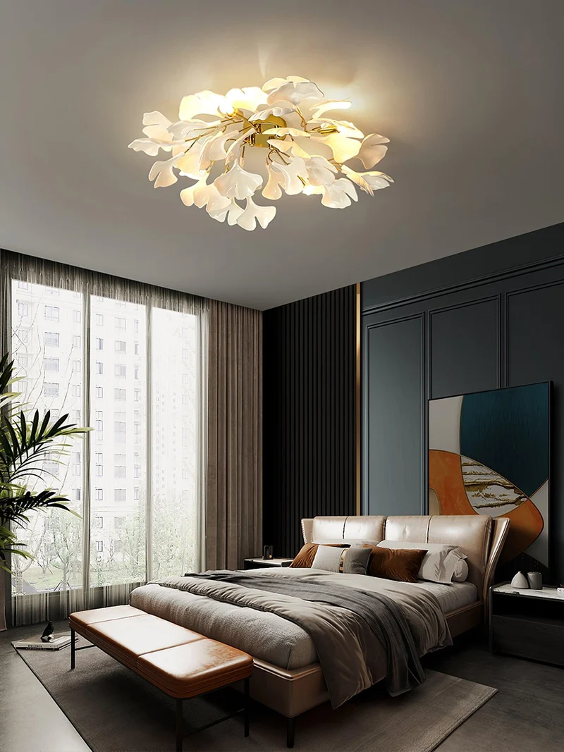 Keramische Hanglamp Ginkgo-Blad – Goudkleurige Armatuur met Witte Bladeren – Modern Natuurgeïnspireerd Design voor Woonkamer Eetkamer Slaapkamer | Sansoti