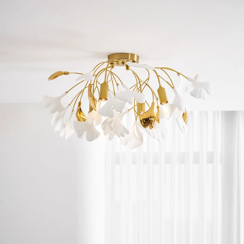 Keramische Hanglamp Ginkgo-Blad – Goudkleurige Armatuur met Witte Bladeren – Modern Natuurgeïnspireerd Design voor Woonkamer Eetkamer Slaapkamer | Sansoti