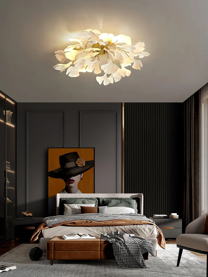 Keramische Hanglamp Ginkgo-Blad – Goudkleurige Armatuur met Witte Bladeren – Modern Natuurgeïnspireerd Design voor Woonkamer Eetkamer Slaapkamer | Sansoti