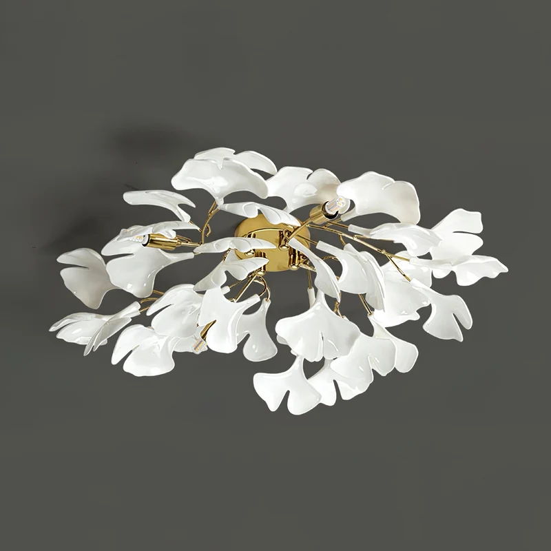 Keramische Hanglamp Ginkgo-Blad – Goudkleurige Armatuur met Witte Bladeren – Modern Natuurgeïnspireerd Design voor Woonkamer Eetkamer Slaapkamer | Sansoti